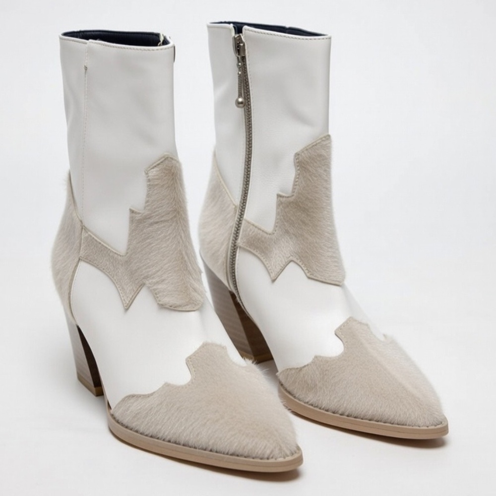 VACR Handmade Mexican Western Ankle Boots | White & Cream Hair Calf